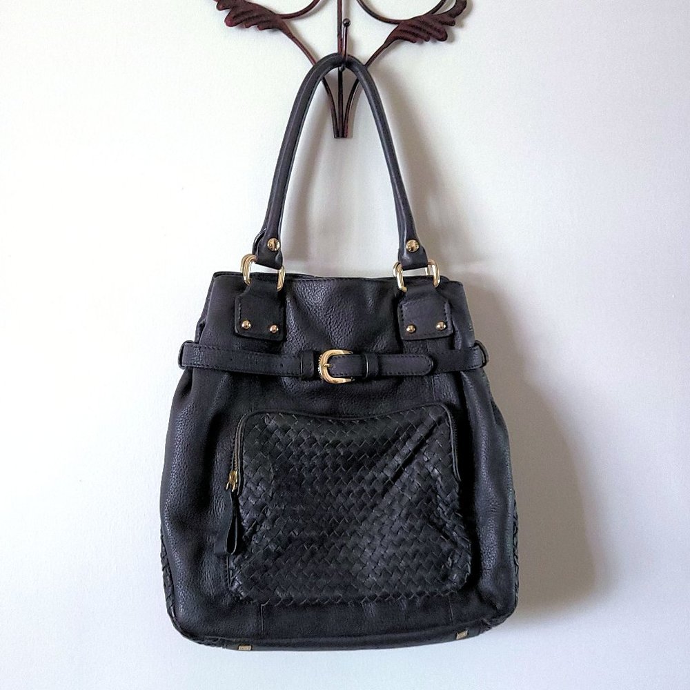 Elliot Lucca Black Buttery Soft Pebbled Leather Purse w/Basket Weave Trim
